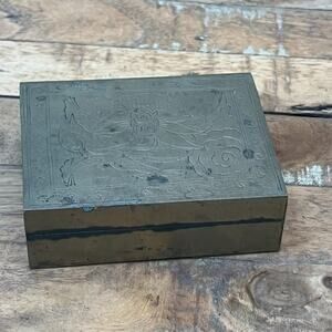 Small Brass Chinese Trinket Cigarette Jewelry Box Etched Wood Lined